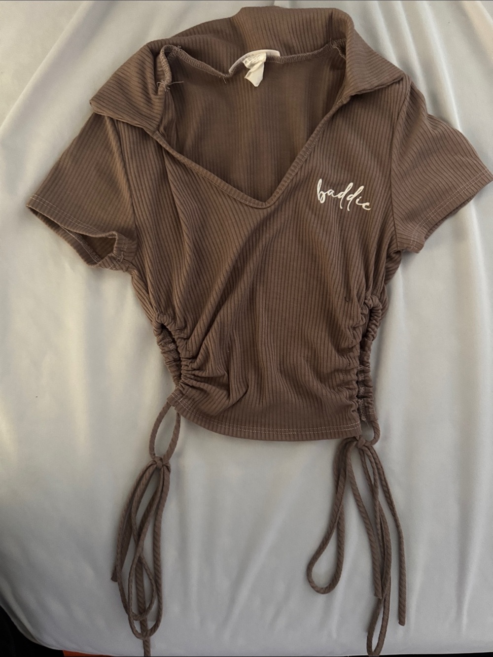 Brown Ribbed Drawstring V-Neck Women's Top - Picture 2 of 4